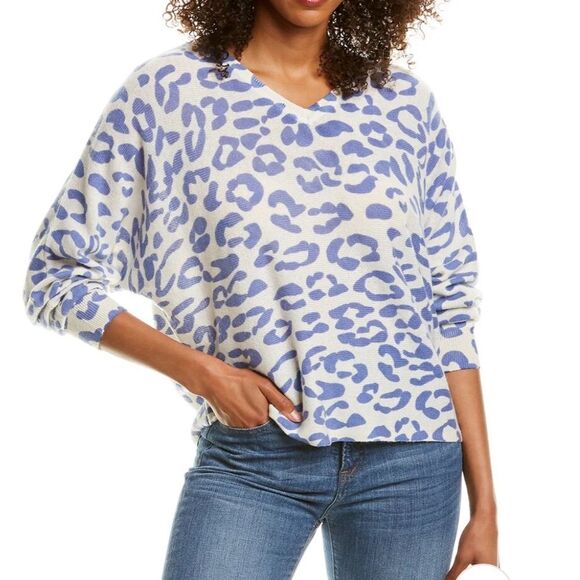 Hannah Rose 100% Cashmere Leopard print V-neck Dolman Sleeve Sweater size Lg - Picture 1 of 12